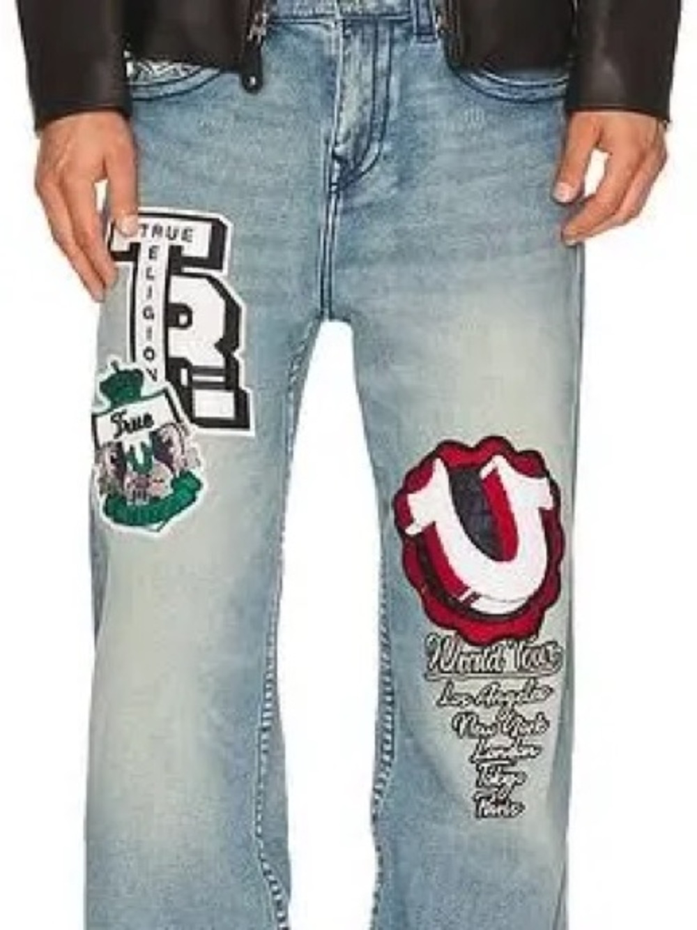 TRUE RELIGION VINNY ULTRA BAGGY EMBROIDERED VARSITY PATCHES WORLD TOUR 36x34 NWT
